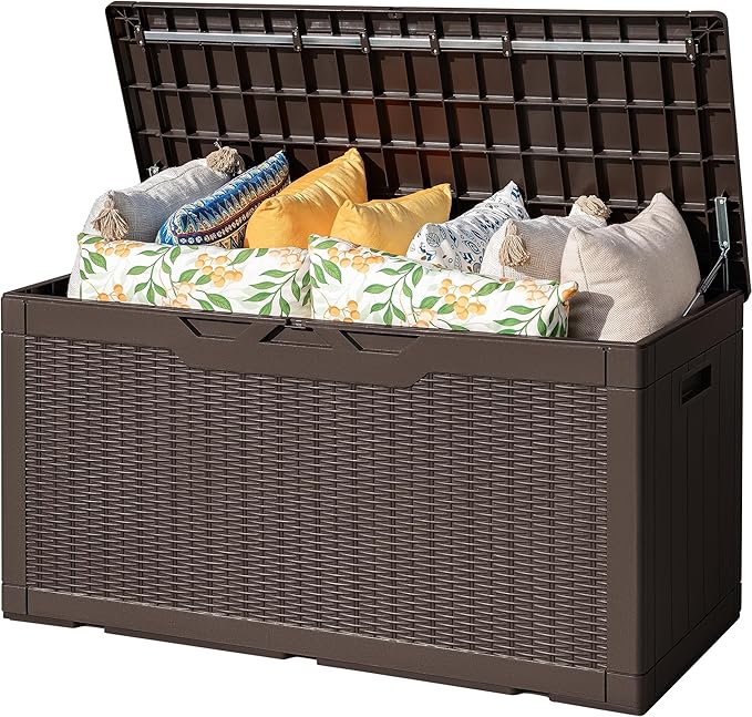 Flamaker Outdoor Storage Box 100 Gallon Waterproof Resin Deck Box Delivery with Air Rod Indoor Outdoor Lockable Storage Bench for Patio Cushions, Tools, Pool Accessories (Deep Brown) Flamaker