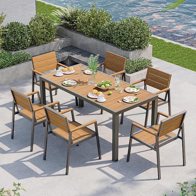7-Piece Outdoor Dining Set, Aluminum Dining Table Set for 6, Patio Table and Chairs Set with Umbrella Hole, All Weather HDPS Outdoor Table and Chairs for 6 (Gray-Teak) Vexwalx