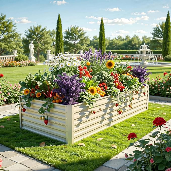 YITAHOME 6x3x2ft Large Raised Garden Bed Kit, Galvanized Metal Planter Box with Gloves, Support Rod, Outdoor Above Ground Planters for Plants Vegetables Flowers, Cream Yellow YITAHOME