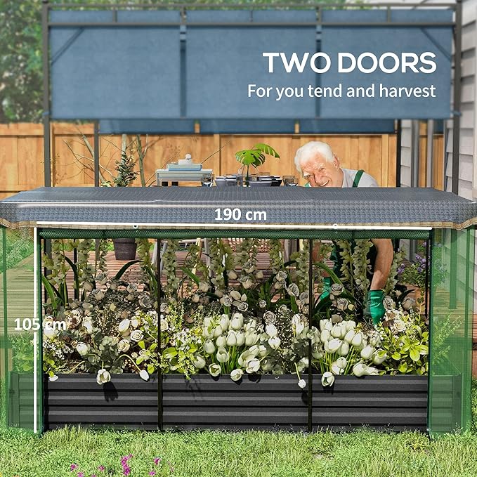 Outsunny 7.3 x 3.4 x 1 ft Galvanized Raised Garden Bed with Crop Cage Plant Protection Net and Shade Cloth Roof, Metal Planter Box with Cover for Vegetables, Flowers, Herbs, Dark Gray Outsunny