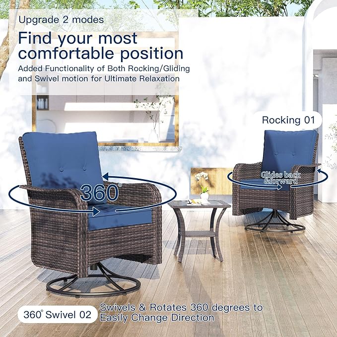 Kullavik 13 Pieces Outdoor Patio Furniture Set,PE Wicker Rattan Sectional Sofa Patio Conversation Sets with 43" 55000BTU Gas Propane Fire Pit Table,Swivel Rocking Chairs Set,Navy Blue KULLAVIK