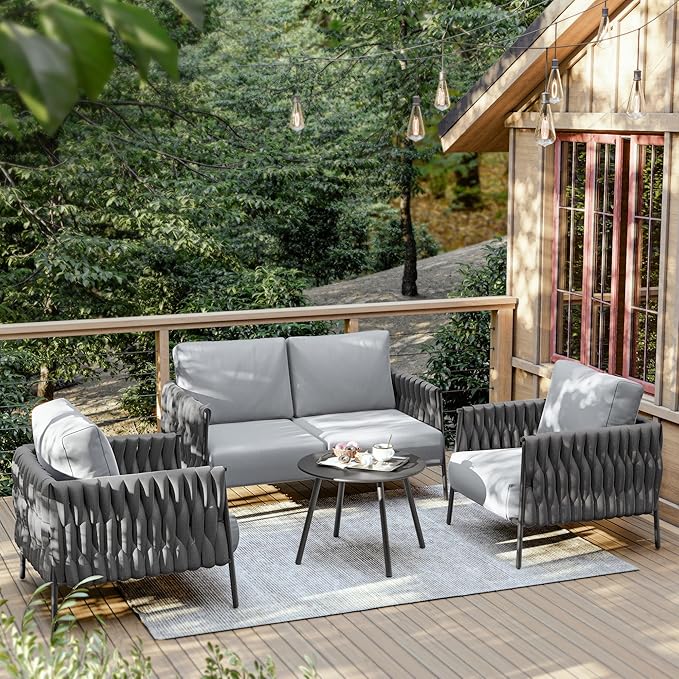EAST OAK Life Chatter 4 Pieces Patio Furniture Set, Outdoor Furniture with Coffee Table, Patio Conversation Set Deep Seating with Thick Cushion, Backyard Porch Balcony, Earth Black & Misty Grey EASTOAK