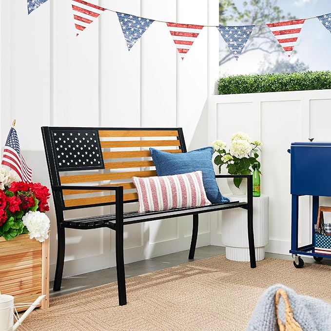 Best Choice Products Outdoor Bench 2-Person Steel Indoor/Outdoor Bench for Garden, Patio, Porch, Entryway w/American Flag, 790lb Capacity – Black/Wood BestChoiceProducts
