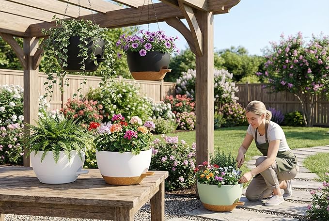 Hanging Planters, 3-Pack 10 Inch Self-Watering Pots with Drainage Holes and Chains, Matte Plastic Planters for Indoor/Outdoor Plant（Black Brown） Rootora