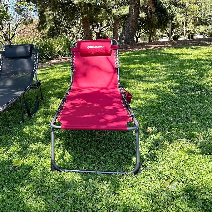 KingCamp Lounge Chair Outdoor, Folding Portable Tanning Chairs Comfy Adjustable 5-Position Lay Flat Foldable Chaise Chaser Lounger with Pillow for Outside Beach Patio Sun Bathing Pool Backyard, Wine KingCamp