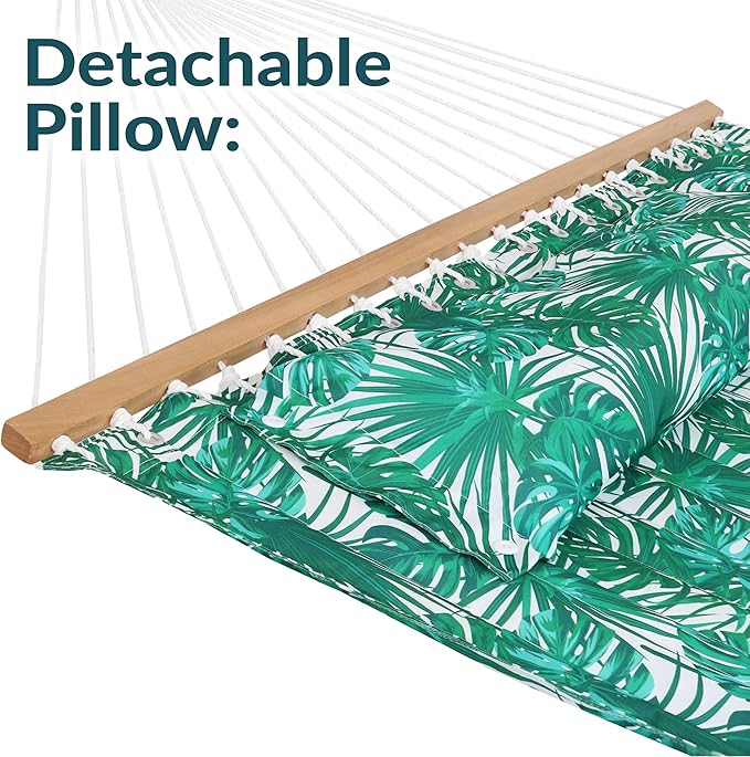 Sunnydaze Quilted Outdoor Hammock with Spreader Bars - Heavy-Duty 450-Pound Capacity Double Hammock for Outside - Green Palm Leaves SunnydazeDecor
