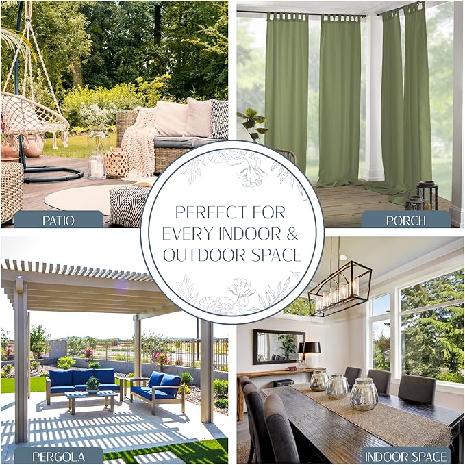 Elrene Home Fashions Matine Weatherproof Tab-Top Indoor/Outdoor Solid Color Curtain Panel for Porch, Pergola, Patio, Deck, 52”W x 95”L, Green (Pack of 3) ElreneHomeFashions
