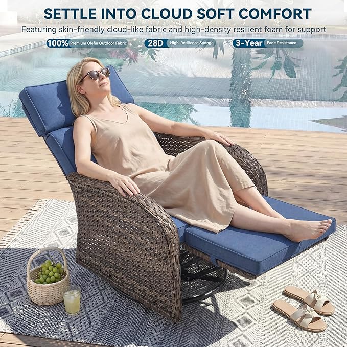 Zero Gravity Patio Swivel Rocking Recliner Chairs Set of 2 - Wicker Outdoor Lounge Chair with Adjustable Backrest & Footrest, All Weather Reclining Rocker Chairs with Thick Cushion for Pool Deck Blue JelwalyPatioFurnitureSet