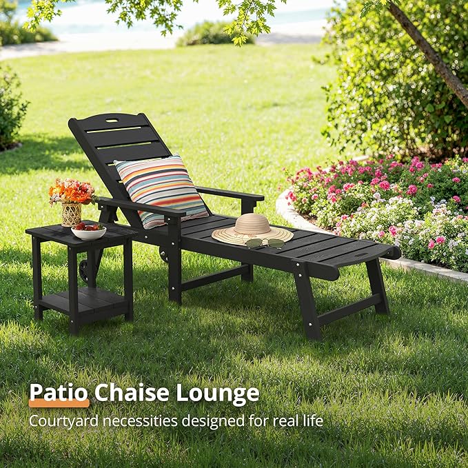 LUE BONA Outdoor Chaise Lounge, HDPS Chaise Lounger, 5 Positions Adjustable Lounge Chairs, Pool Lounge Chair with Wheels for Poolside, Backyard, Black LUEBONA