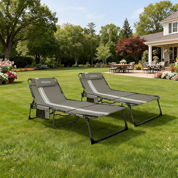 KingCamp Tanning Chair with Face Hole, Lounge Chairs Outdoor Folding Comfy Adjustable 5-Position Lay Flat Foldable Chaise Chaser Lounger for Outside Beach Patio Sun Bathing Pool, Grey/White KingCamp