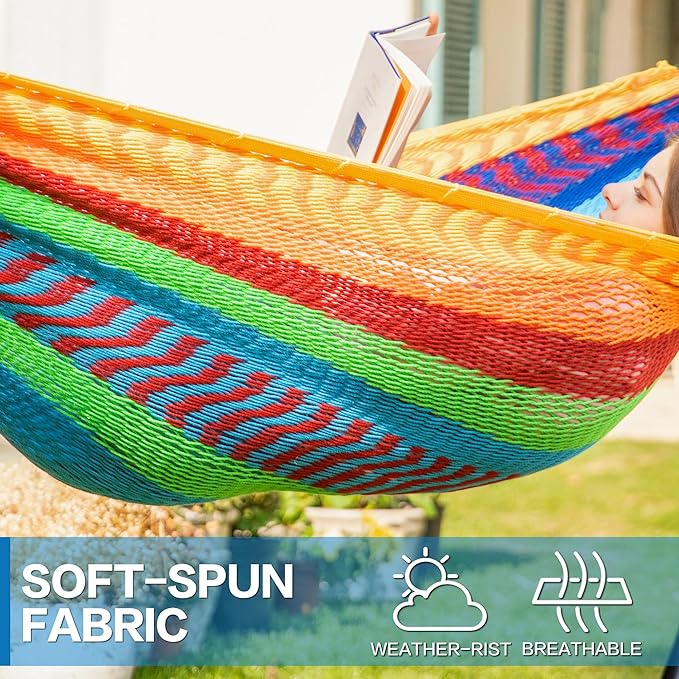 PNAEUT Double Hammocks with Stand for Outside, Portable Space Saving Heavy-Duty Steel Stand for Indoor Outdoor Patio (Mayan Rainbow) PNAEUT