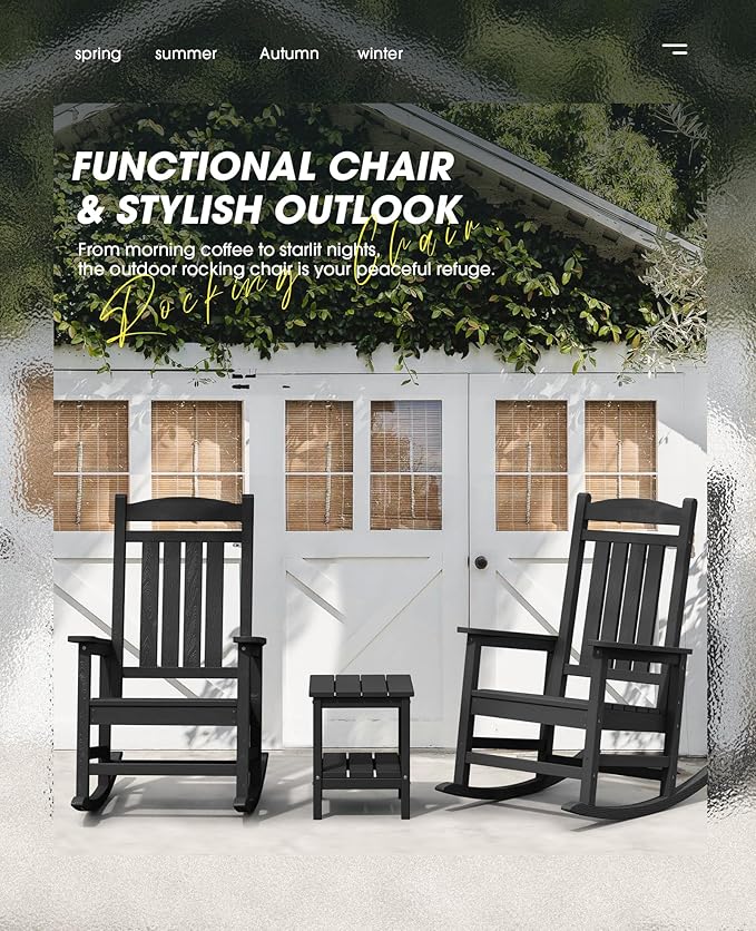 KINGYES Outdoor Rocking Chair Set of 2, High Density Polyethylene Patio Rocking Chairs with 330lbs Support for Adults, Black KINGYES