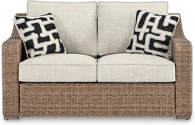 Signature Design by Ashley Beachcroft Casual Nuvella Weather Resistant Fabric, Resin Wicker Outdoor Loveseat with Cushion and 2 Accent Pillows, Dark Brown & Beige SignatureDesignbyAshley