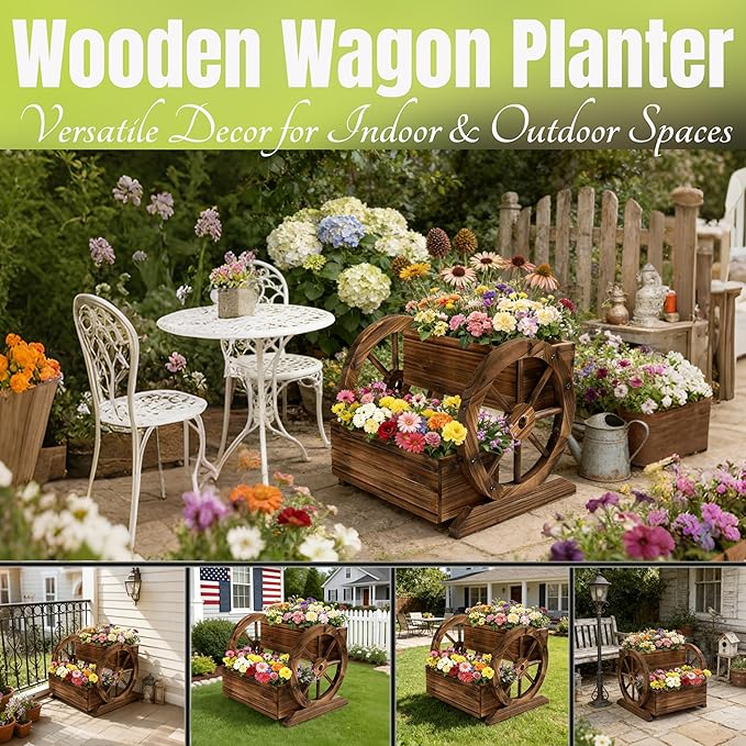 NestNature Wooden Wagon Planter Box,Raised Garden Bed,Decorative Garden Planters with Wheels-Outside Flower Pots for Indoor/Outdoor Décor Plants NestNature