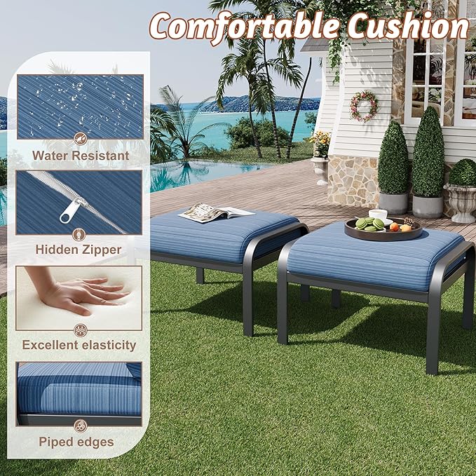 HOMREST Metal Outdoor Ottoman, 2-Piece Aluminum Footstool w/Removable Cushion, Multipurpose Footrest Stool Additional Seating, Set of 2 Outdoor Ottomans for Patio Deck (Blue) HOMREST