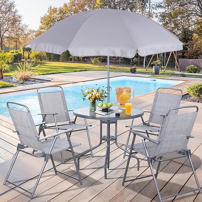 Vongrasig 6 Pieces Folding Patio Dining Set, All Weather Small Metal Outdoor Table and Chair Set, Garden Patio Furniture Set w/Umbrella, Glass Table & 4 Folding Chairs for Lawn, Backyard, Silver Vongrasig