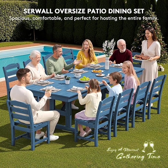 SERWALL Outdoor Dining Table, 84" Rectangular Dining Table for 6-10 Person, All Weather HDPE Outdoor Furniture for Backyard, Garden, Navy SERWALL