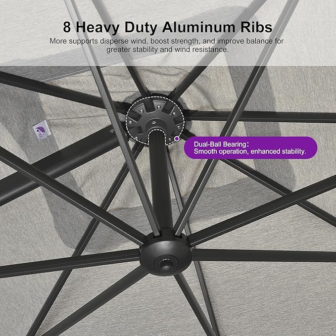 PURPLE LEAF 8 FT Outdoor Umbrella with Base Patio Cantilever Aluminum Umbrella with 3 Years Fade Resistance Recycled Fabric Offset Square with 360-degree Rotation for Deck Garden, Pebble Grey Rootora