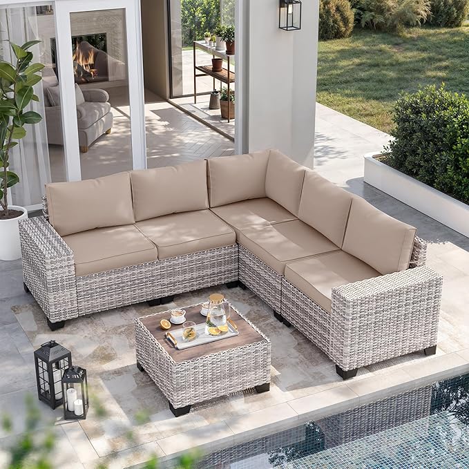 6-Piece Outdoor Patio Furniture Set Wicker Sectional Sofa Set, Patio Conversation Set with Thickened Cushions & Coffee Table for Garden, Backyard, Poolside, Beige MuphyersPatioFurniture