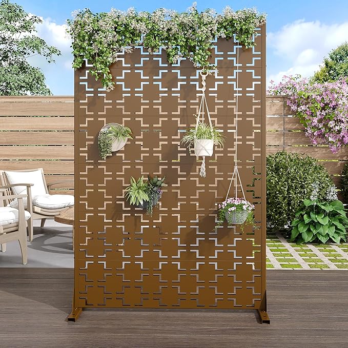 Casaphoria Metal Privacy Screen Outdoor, 72" H x 47" W Freestanding Decorative Privacy Screen for Patio Deck Balcony Garden with Stable Base, Brown-Square Casaphoria
