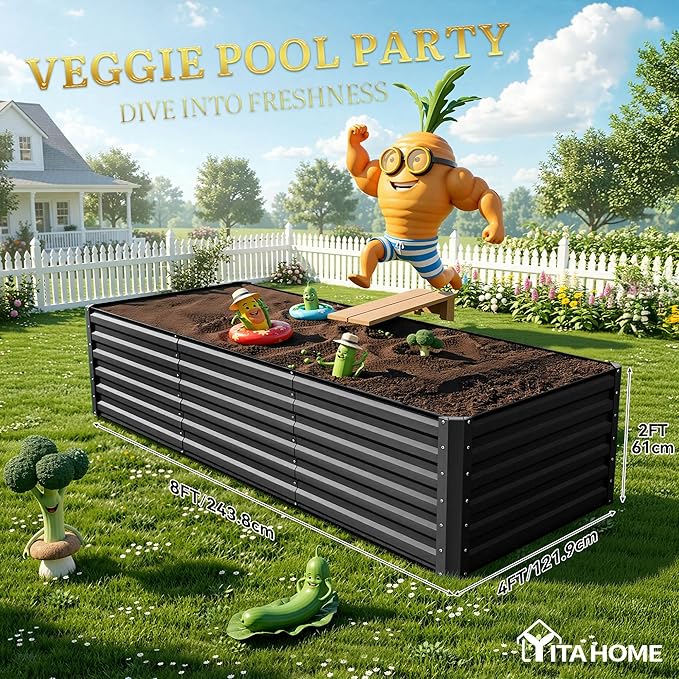 YITAHOME 8x4x2ft Large Raised Garden Bed Kit, Galvanized Metal Planter Box with Gloves, Ground Nails, Support Rod & Safety Rubber, Outdoor Above Ground Planters for Plants Vegetables Flowers, Black YITAHOME