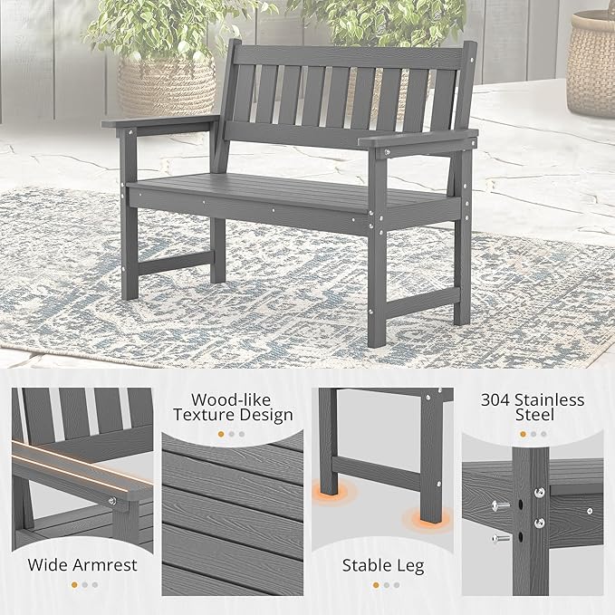 LUE BONA Outdoor Bench, 2-Person HDPS Garden Bench, Outdoor Benches Weatherproof, All-Weather Fade/Rot Resistant Patio Bench for Park, Front Porch, Backyard (Dark Gray) LUEBONA