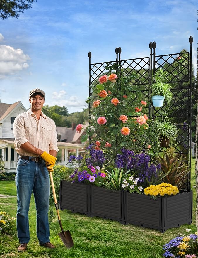 3 PCS Raised Garden Bed with Trellis & Privacy Screen, 50"w x 63"Tall Vertical Garden Planter Box for Climbing Plants - Sturdy Lightweight Outdoor Planter for Vegetables, Flowers on Patio, Balcony Rootora