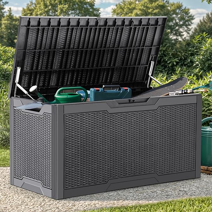 YITAHOME 100 Gallon Resin Deck Box, Weather Resistant Outdoor Storage Box, Lockable Indoor Outdoor Storage for Supplies and Essentials, Dark Gray YITAHOME