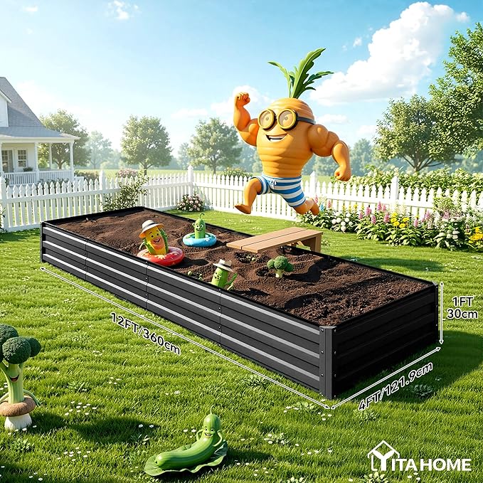 YITAHOME 12x4x1ft Large Raised Garden Bed Kit, Galvanized Metal Planter Box with Gloves, Ground Nails, Support Rod, Outdoor Above Ground Planters for Plants Vegetables Flowers, Black YITAHOME