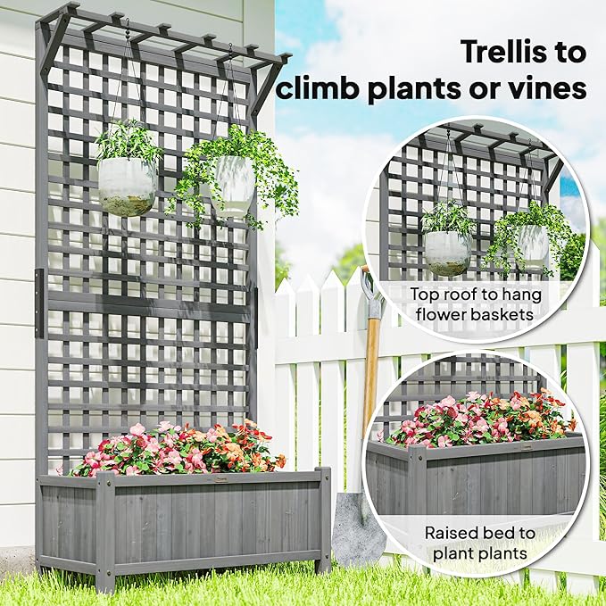 Outsunny Wood Planter with Trellis, Raised Garden Bed for Climbing Plants w/Drainage Holes and Roof, 35.5" x 17.75" x 72", Dark Gray Outsunny
