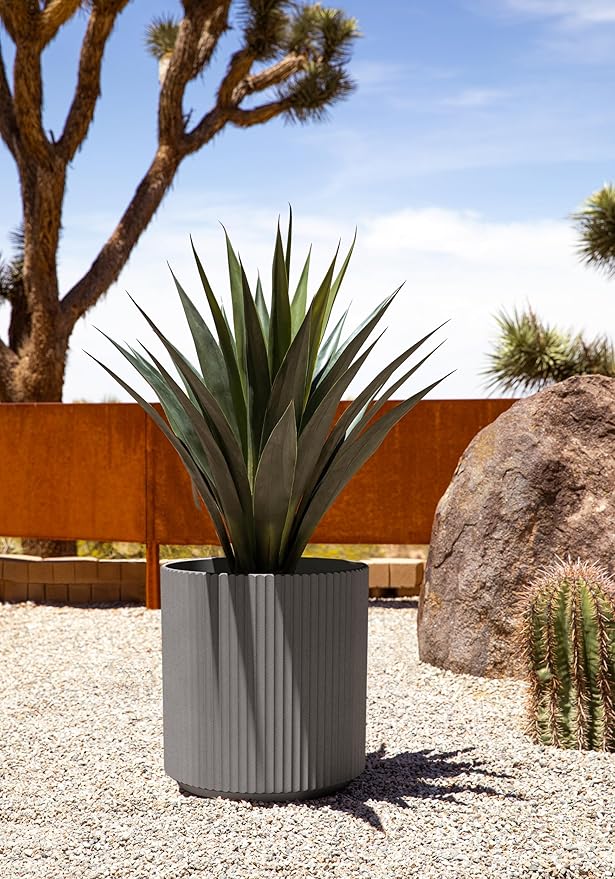 Veradek Mason Series Demi Planter - Large Round Planter for Indoor or Outdoor Patio/Balcony | Made from Plastic & Concrete with Drainage Holes | Modern Décor for Flowers, Trees, Tall Plants VeradekOutdoor
