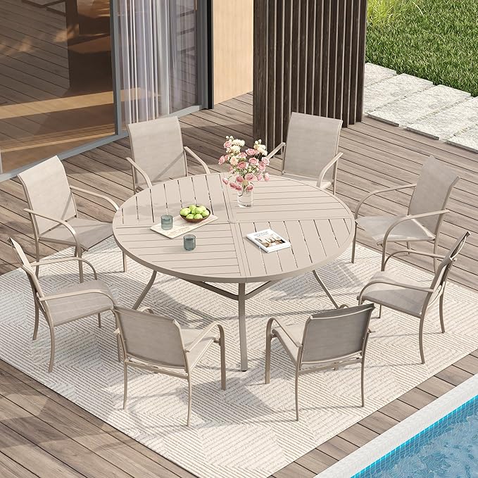 VICLLAX Patio Table and Chair Set of 8, All Weather Metal Round Outdoor Dining Furniture Set-53 Round Outdoor Table and Chairs, Sandshell Tabletop HOME