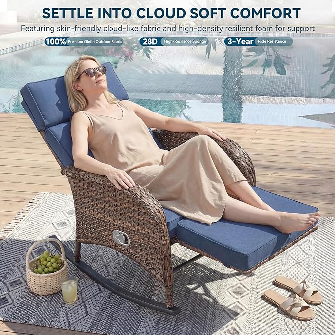 3 Pieces Zero Gravity Wicker Patio Rocking Recliner Chairs Set of 2 - Wicker Outdoor Lounge Chair with Side Table, Adjustable Backrest & Footrest, High Back Outdoor Recliner Chair for Pool Deck Blue JelwalyPatioFurnitureSet