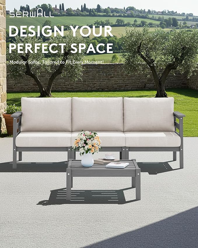 SERWALL HDPE Patio Furniture Set, 4 Pieces Outdoor Sectional Sofa Set, All-Weather Wood-Like Outdoor Sofa Couch with Coffee Table for Deck, Lawn, Grey Frame with Khaki Cushion SERWALL