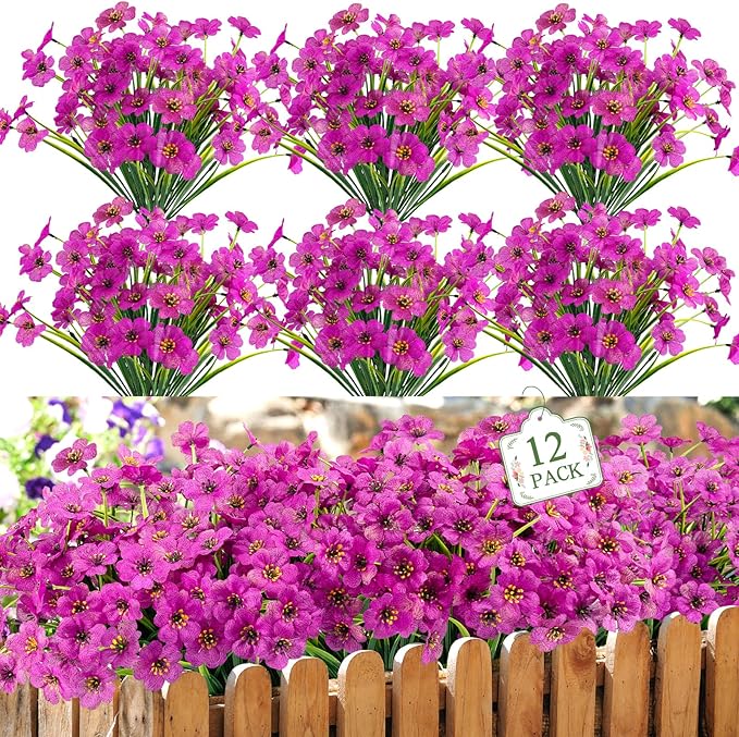 MACTING 12 Bundles Artificial Flowers for Outdoors Fake Flowers UV Resistant Faux Outdoor Plants No Fade for Planters Window Box Patio Porch Yard Garden Spring Summer Decorations(Purple) MACTING