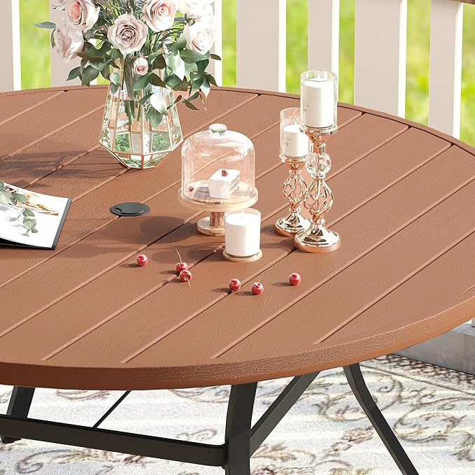 VICLLAX 63" Outdoor Round Patio Table with Umbrella Hole, All Weather Metal Round Outdoor Dining Table for Lawn Garden, 8-10 Person Table, Walnut Wood Grain HOME
