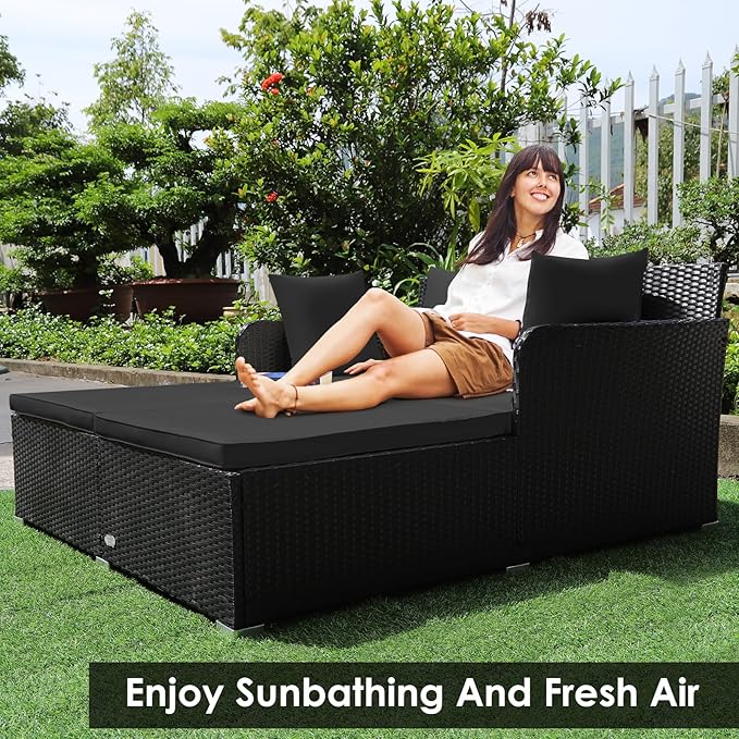 Tangkula Outdoor Rattan Daybed, Wicker Furniture with Spacious Seat, Upholstered Cushion & High-Resilience Sponge, Patio Sofa Set with 4 Pillows, 2-Person Sunbed for Poolside Backyard Garden & Balcony TANGKULA
