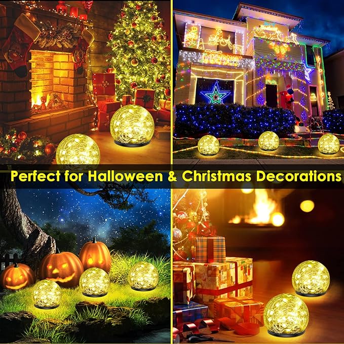 Solar Garden Lights, 2 Pack 80 LED Cracked Glass Solar Globe Lights Outdoor Decoration, Upgraded Waterproof Warm White Ball Lights for Yard Pathway Patio Lawn Christmas Outside Decor, 5.9" Keevvon