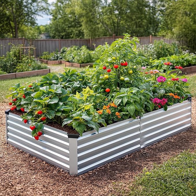2 Pack 8x4x1FT Galvanized Metal Raised Garden Bed Kit for Vegetables, Herbs, Open-Bottom Large Capacity Outdoor Planter Box Gardening Stakes, Silver Rootora