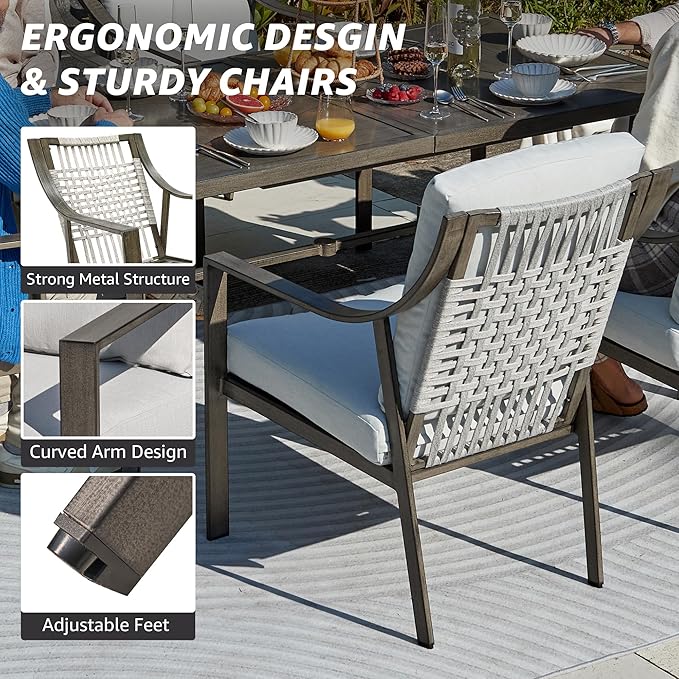 NATURAL EXPRESSIONS 7 Piece Patio Dining Table Outdoor Furniture Set for 6, 6Pcs Fixed Dining Chairs with Olefin Cushions, 65”Large Dining Table with Umbrella Hole NaturalExpressions
