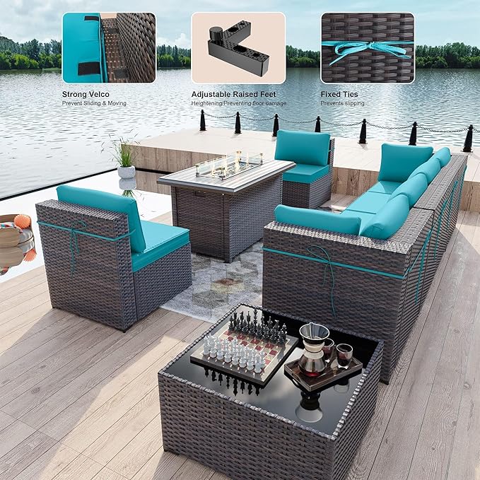 Kullavik 8 Pieces Outdoor Patio Furniture Set with 43" 55000BTU Gas Propane Fire Pit Table PE Wicker Rattan Sectional Sofa Patio Conversation Sets,Blue KULLAVIK