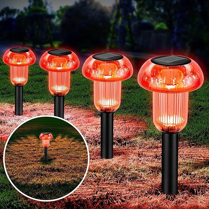 Easter Solar Pathway Lights Outdoor Decorative 4 Pack, Red LED Mushroom Solar Lights Outdoor Waterproof Solar Powered Decor for Yard Driveway Patio, Valentines Day Halloween Christmas Garden Decor COZYPAVILION