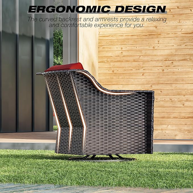 Joyside Wicker Patio Furniture Sets, 6 Pieces Upgraded Large Size Outdoor Furniture with 4 Swivel Rocking Patio Chairs, 3-Seat Sofa, Fire Table,Thick Cushions, Wide Armrest, Red Joyside