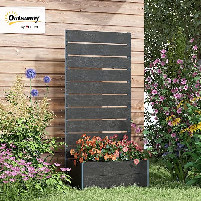 Outsunny Raised Garden Bed with Trellis for Climbing Plants, Planter Box with Self Draining Gap, Freestanding Trellis Planter for Outdoor, Patio, Deck, 28.25" x 15" x 59", Black Outsunny