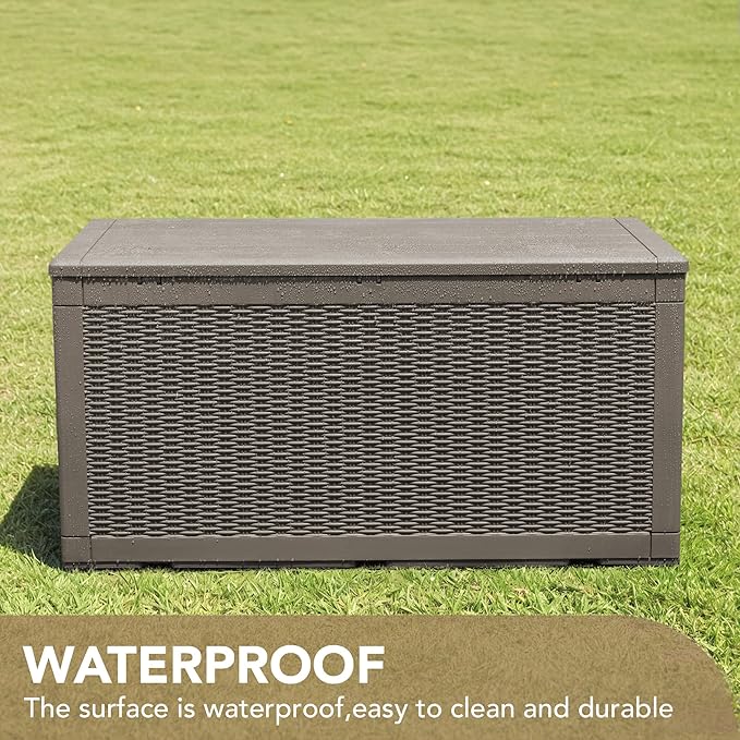 Devoko 100 Gallon Waterproof Large Resin Deck Box Indoor Outdoor Lockable Storage Container for Patio Furniture Cushions Garden Tools (100 Gallon, Light Brown) DEVOKO