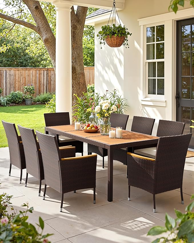 Flamaker 9 Piece Patio Dining Set Outdoor Acacia Wood Table and Chairs with Soft Cushions Wicker Patio Furniture for Deck, Backyard, Garden (Brown) Flamaker