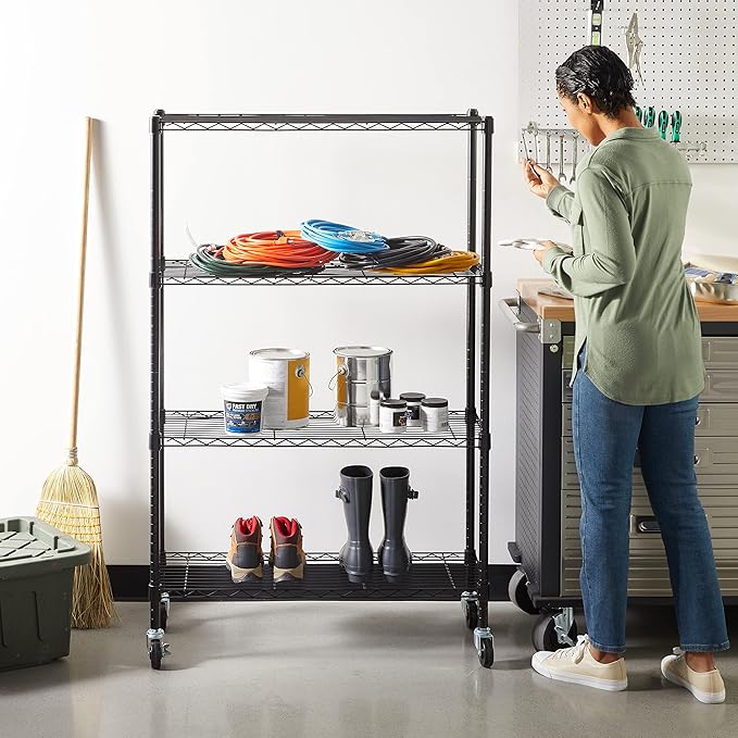Amazon Basics 4-Shelf Heavy Duty Garage Shelving Storage Unit on 3" Wheel Casters, Adjustable Metal Wire Rack with Leveling Feet, 36" x 14" x 57.75", Black AmazonBasics