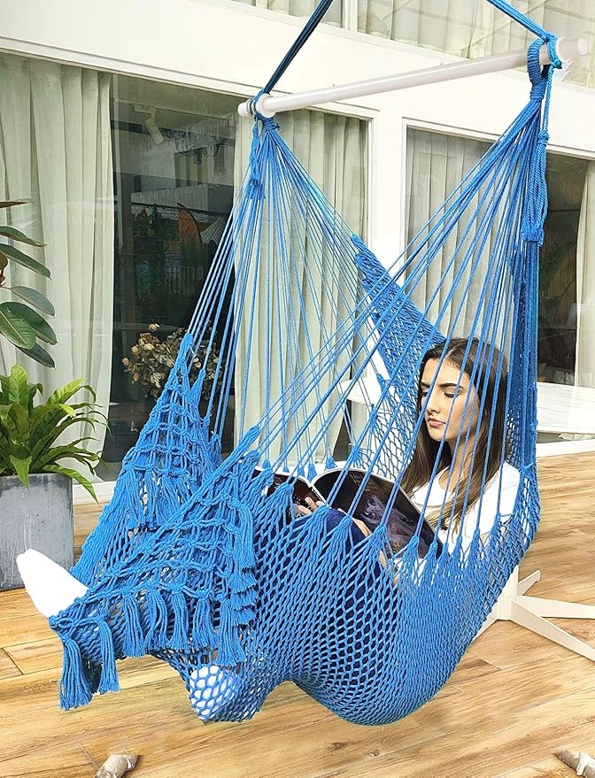 Chihee Hammock Chair Super Large Hanging Chair Soft-Spun Cotton Rope Weaving Chair, Collapsible Strong Metal Spreader Bar Wide Seat Lace Stretch Swing Chair Indoor Outdoor Garden Yard Theme Decoration Chihee