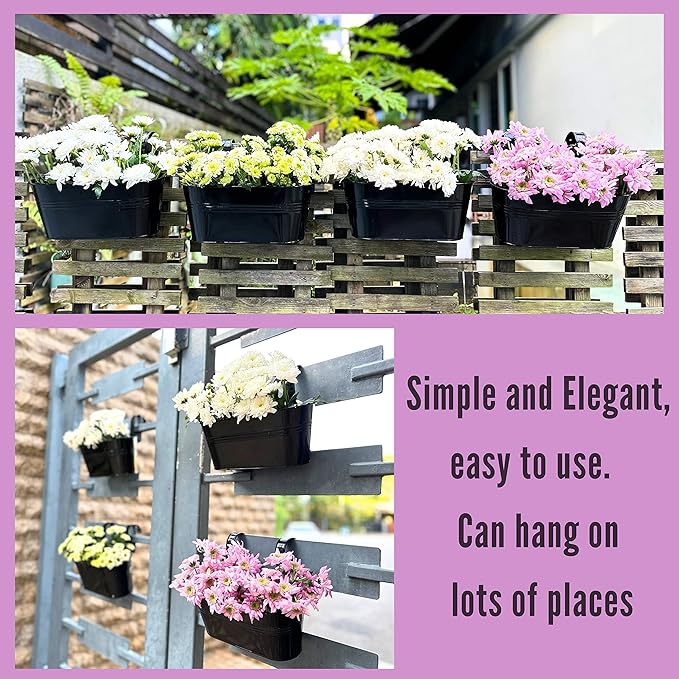LaLaGreen Rail Planter Outdoor Plants(11.8 Inch, 10 Pack) Black Metal Iron Hanging Flower Pots Deck Railings Fence Buckets Modern Countryside Boho Style Wall Mount Window Box Plant Holder Porch Decor L%C3%A1L%C3%A1Green
