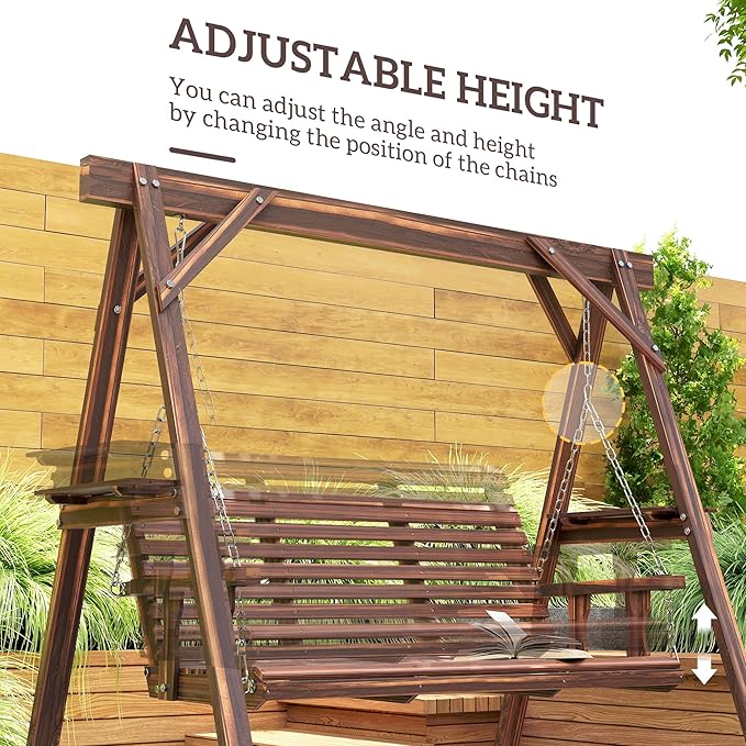 Outsunny 3 Seat Porch Swing with Stand, Wooden Patio Swing Chair with Side Tables and Metal Chains, Outdoor Swing Bench for Garden, Poolside, Backyard, Carbonized Brown Outsunny
